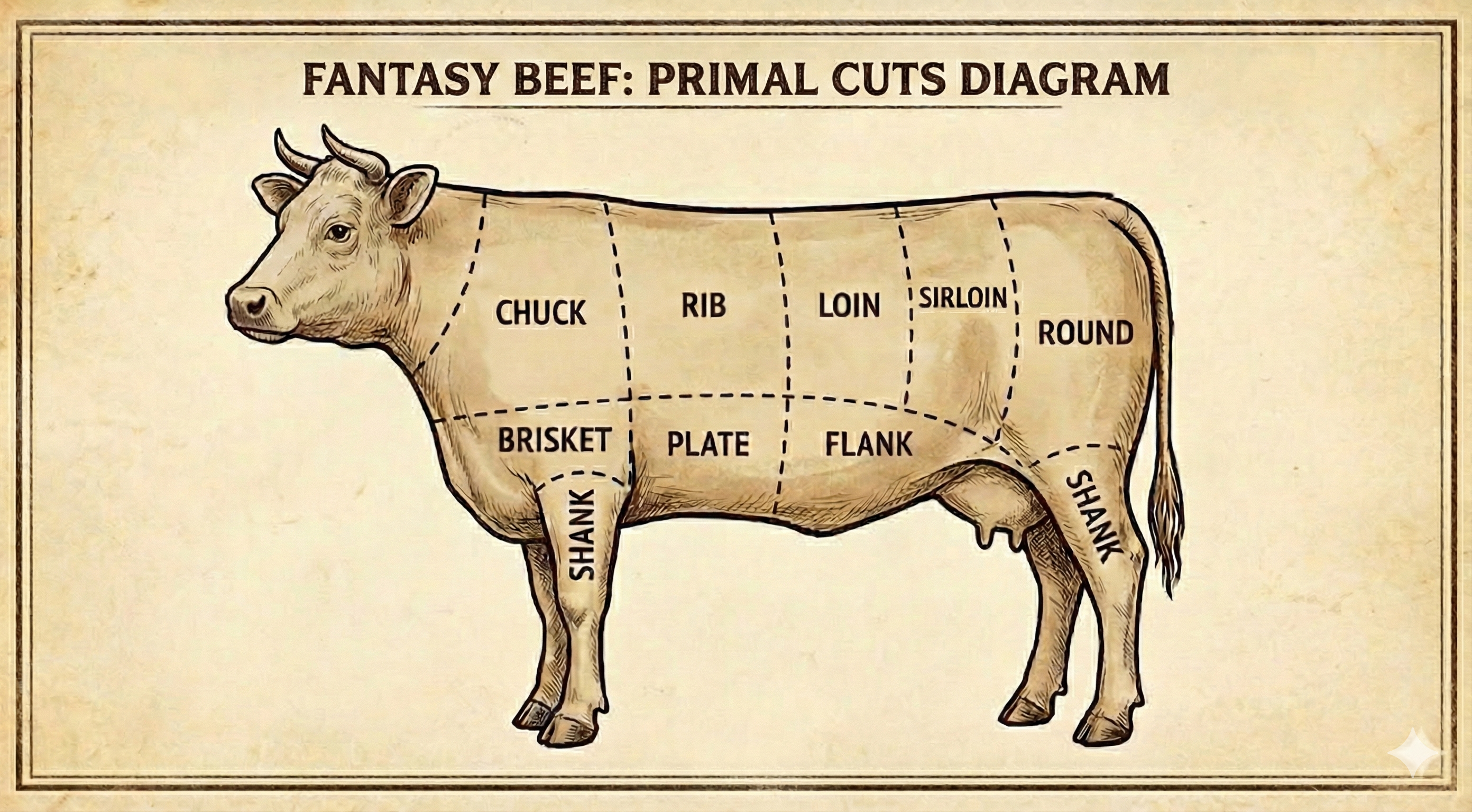 Diagram of beef primal cuts showing the eight main sections of a cow